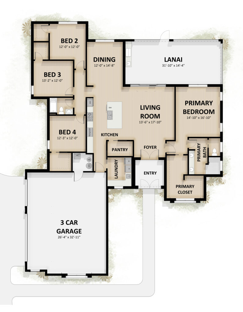 Ashcroft floor plan with 4 bedrooms, primary suite, lanai and three car garage in Oxford Landings