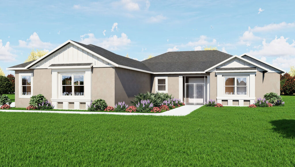 Ashcroft model home exterior with two toned stucco, bay windows and screened entry in Oxford Landings