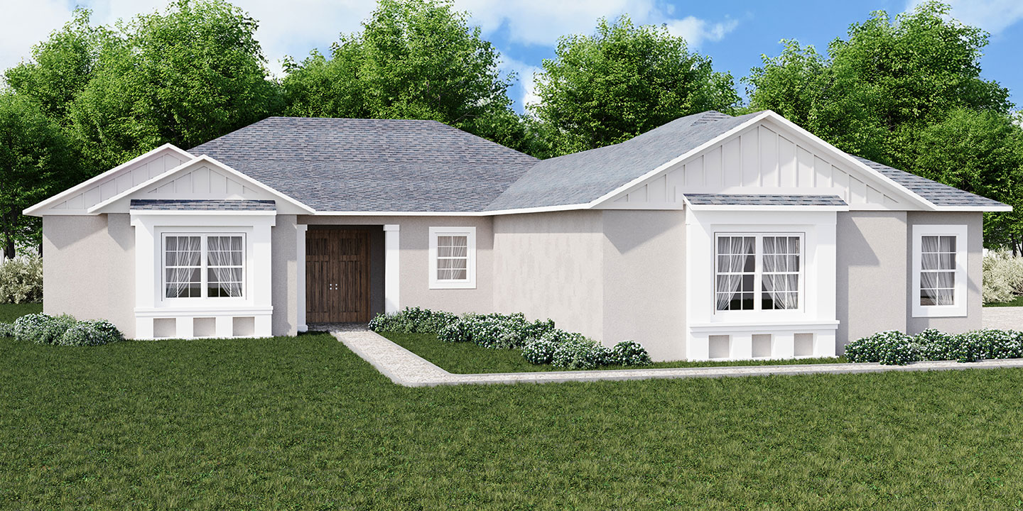 Ashcroft model home exterior with tan stucco, white gable accents and covered entry in Oxford Landings