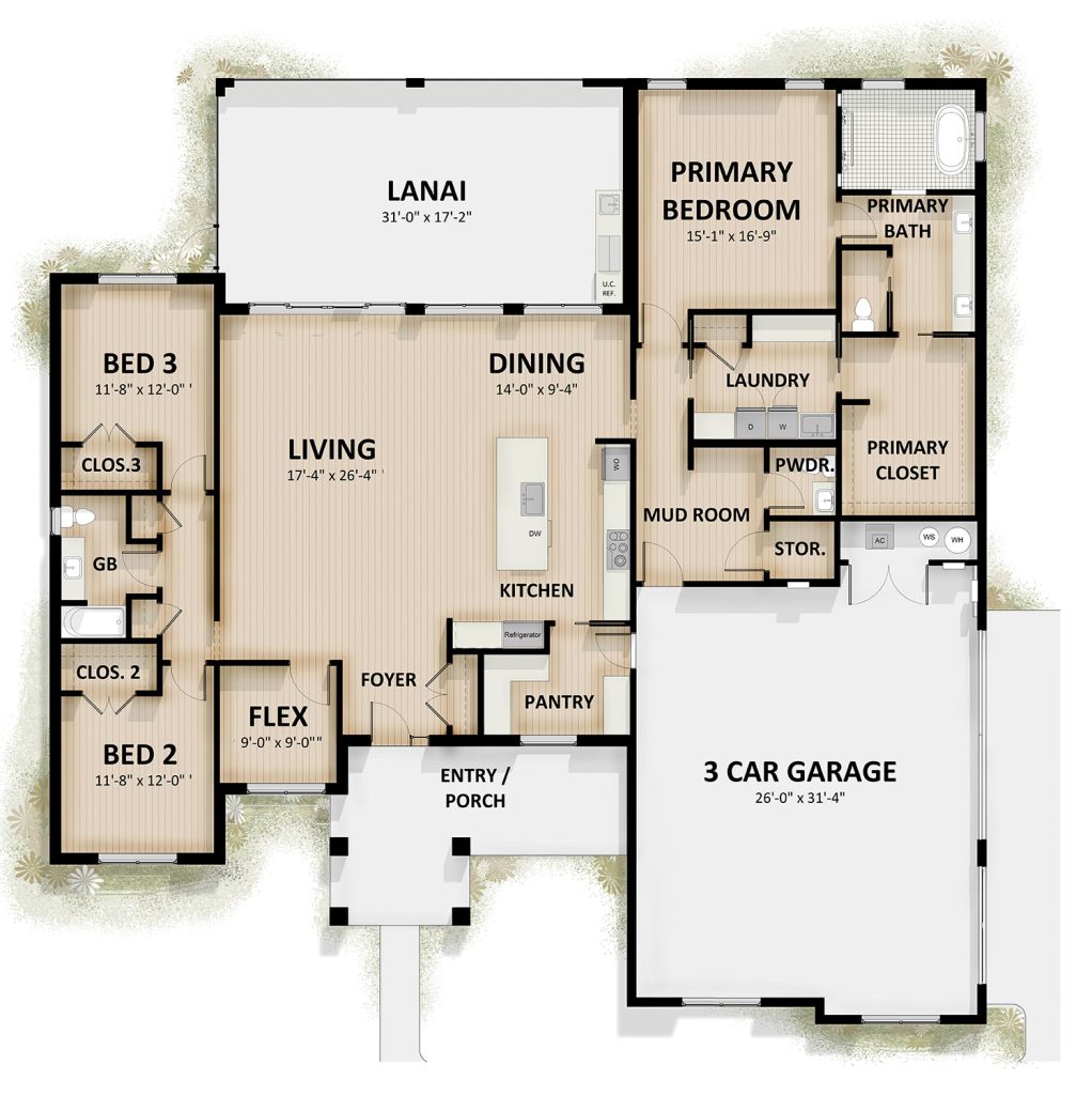 Canterbury floor plan with 3 bedrooms, flex room, lanai and three car garage in Oxford Landings