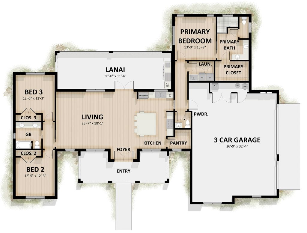 Knightsbridge floor plan with 3 bedrooms, lanai and three car garage in Oxford Landings