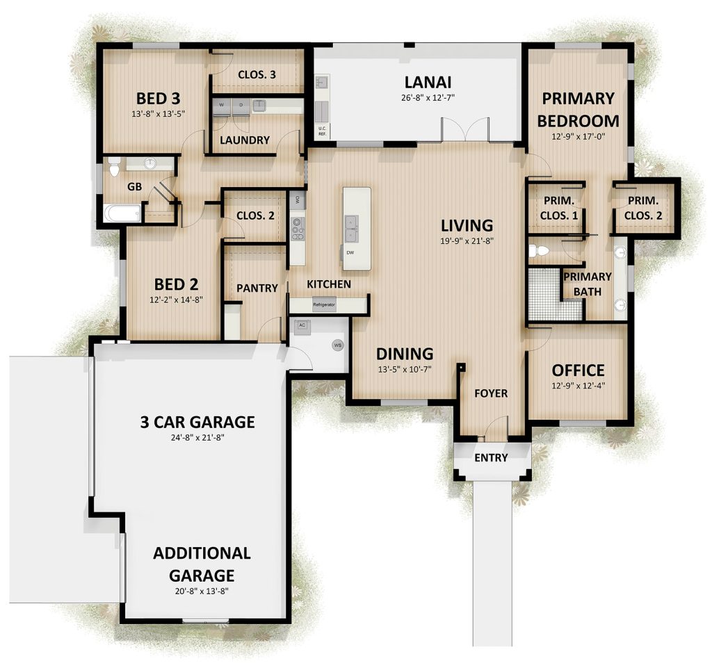 Monaco floor plan with 3 bedrooms, office, lanai and three car garage with golf cart garage in Oxford Landings