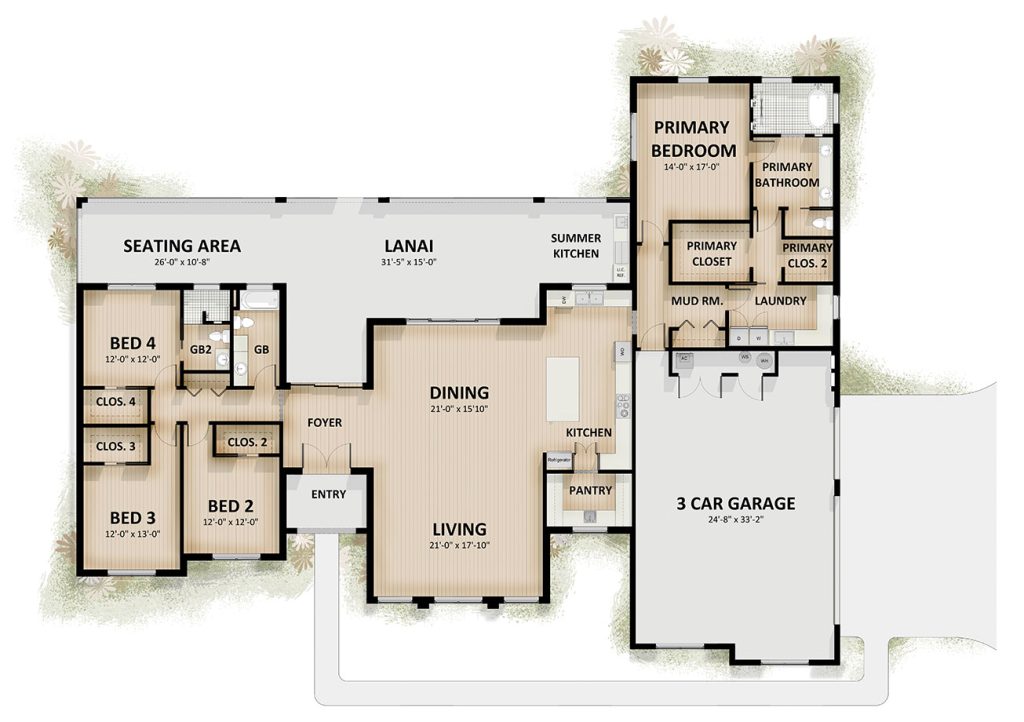 Newcastle floor plan with 4 bedrooms, primary suite, lanai and three car garage in Oxford Landings