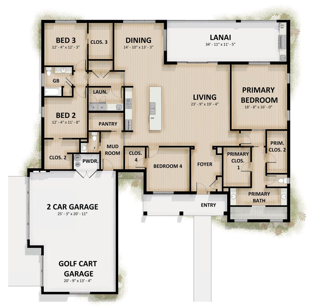 Oakmont floor plan with 4 bedrooms, primary suite, lanai and 2 car garage with golf cart garage in Oxford Landings