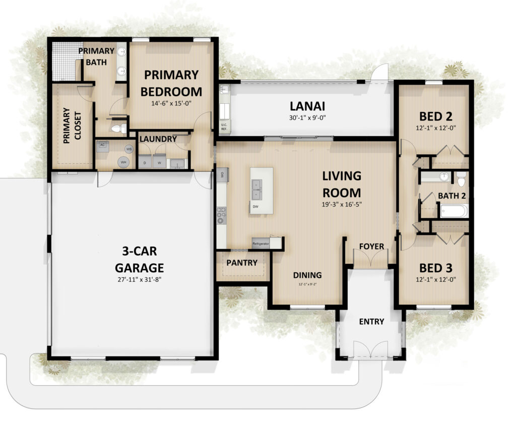 Fenwick floor plan with 3 bedrooms, lanai and three car garage in Oxford Landings