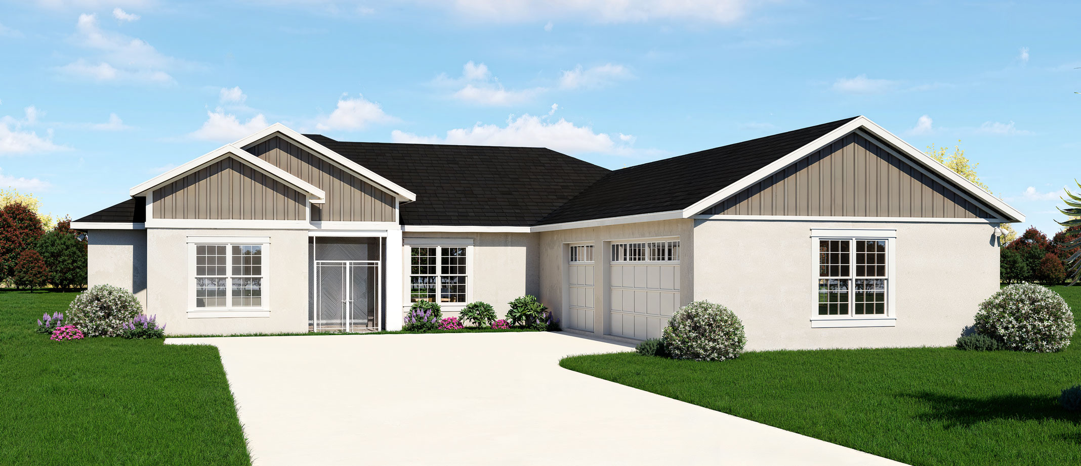 Prestwick model home exterior with tan stucco, board and batten gables and screened entry in Oxford Landings